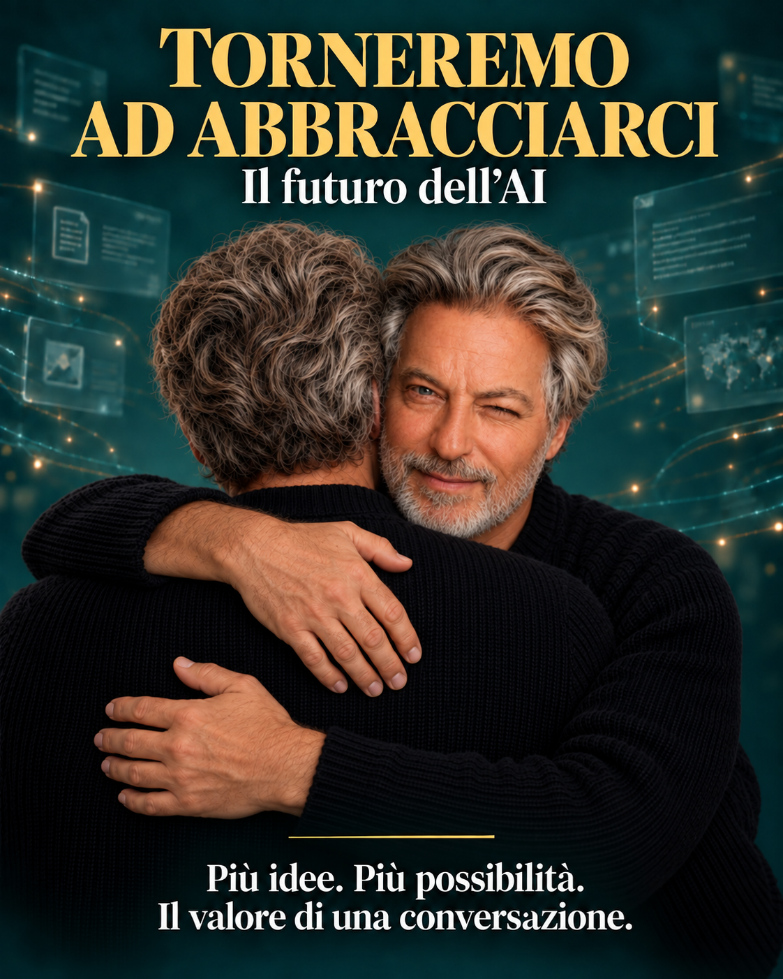 Torneremo ad abbracciarci. Il futuro dell’AI. Ugo Maria Ilardo in un abbraccio con un’altra versione di sé. Più idee. Più possibilità. Il valore di una conversazione.
