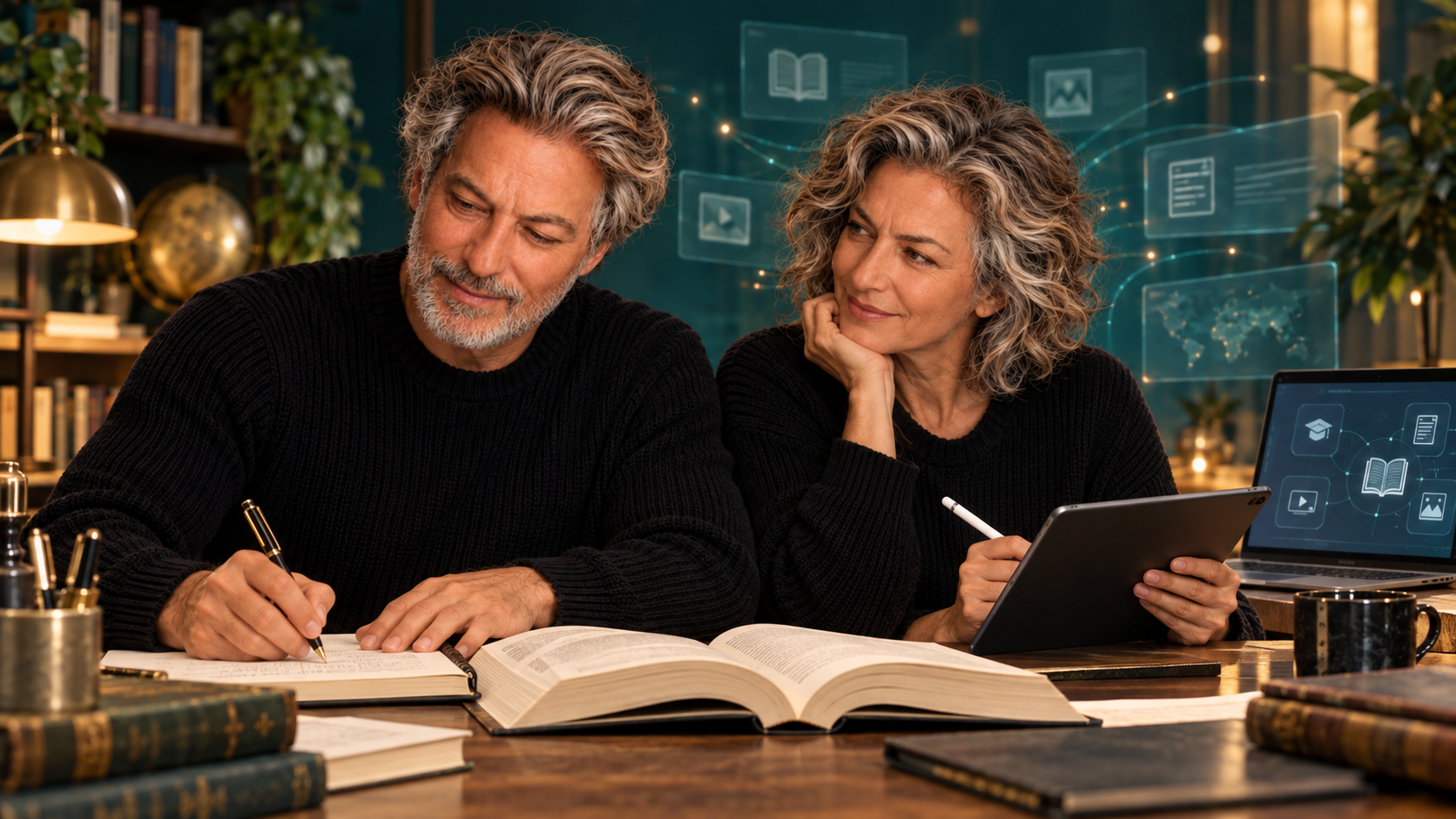 Ugo Maria Ilardo e una sua versione femminile studiano con libro, appunti a mano e tablet con penna digitale