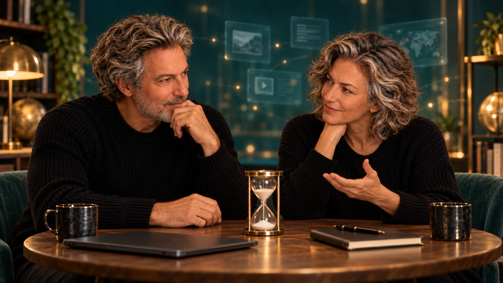 L’autore e la sua versione femminile conversano guardandosi negli occhi, con una clessidra tra loro